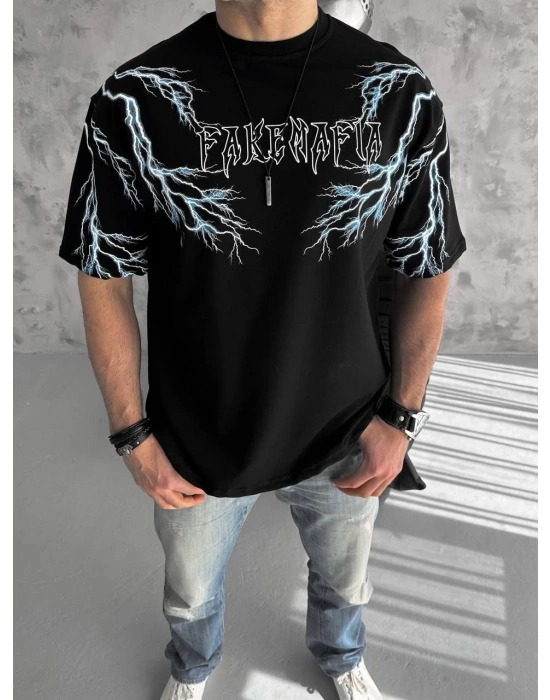 Unisex Bisiklet Yaka Baskılı Oversize T-Shirt - Siyah