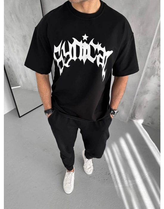 Unisex Bisiklet Yaka Baskılı Oversize T-Shirt - Siyah