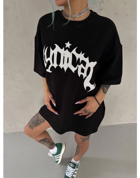 Unisex Bisiklet Yaka Baskılı Oversize T-Shirt - Siyah