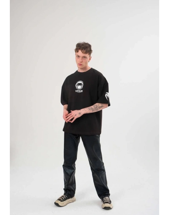 Unisex Bisiklet Yaka Baskılı Oversize T-Shirt - Siyah