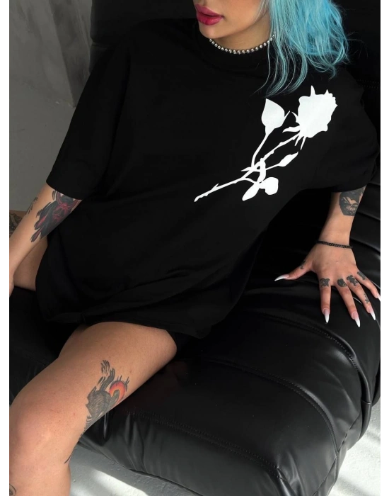 Unisex Bisiklet Yaka Baskılı Oversize T-Shirt - Siyah