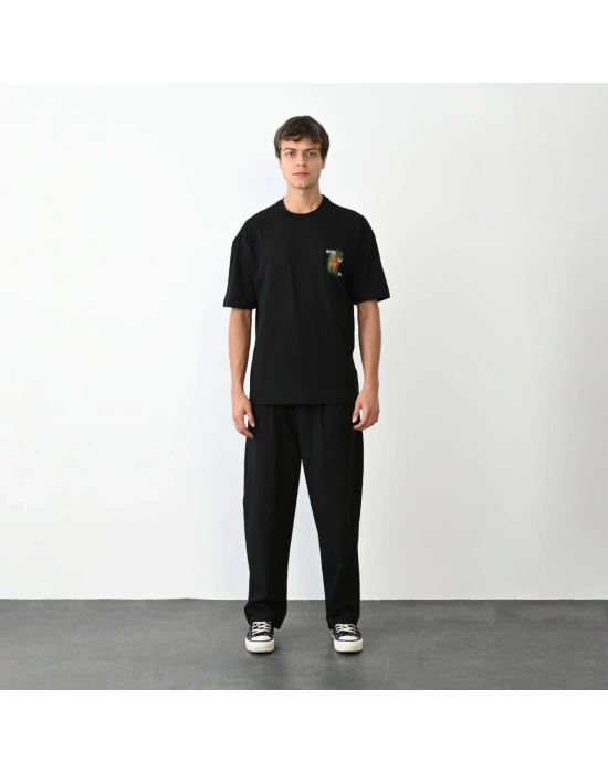 Unisex Bisiklet Yaka Baskılı Oversize T-Shirt - Siyah