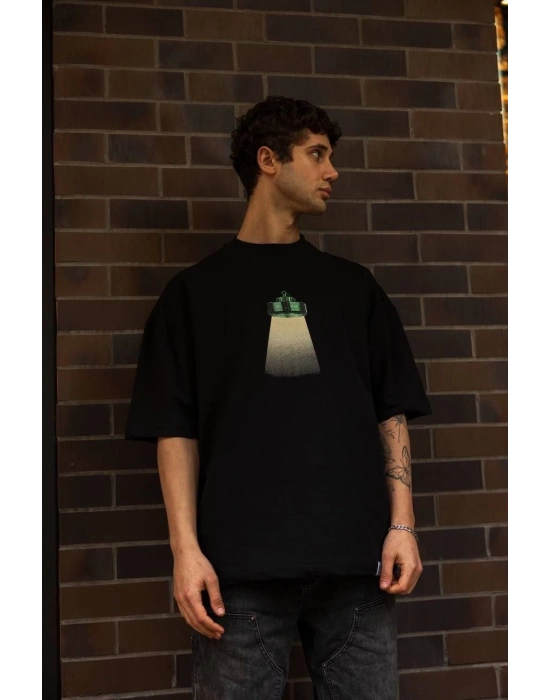 Unisex Bisiklet Yaka Baskılı Oversize T-Shirt - Siyah