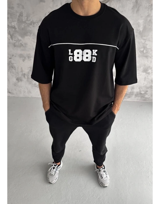 Unisex Bisiklet Yaka Baskılı Oversize T-Shirt - Siyah