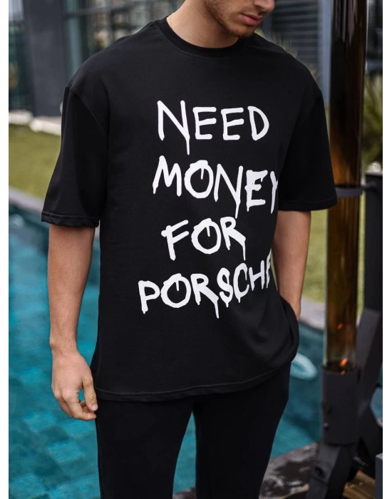 Unisex Bisiklet Yaka Baskılı Oversize T-Shirt - Siyah