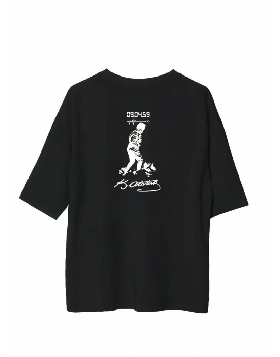 Unisex Bisiklet Yaka Baskılı Oversize T-Shirt - Siyah