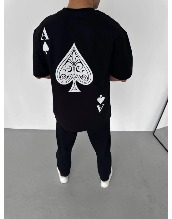 Unisex Bisiklet Yaka Baskılı Oversize T-Shirt - Siyah