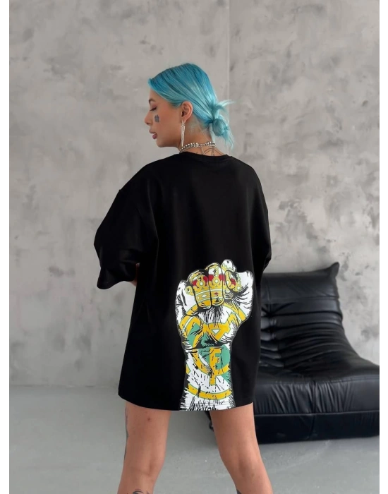 Unisex Bisiklet Yaka Baskılı Oversize T-Shirt - Siyah