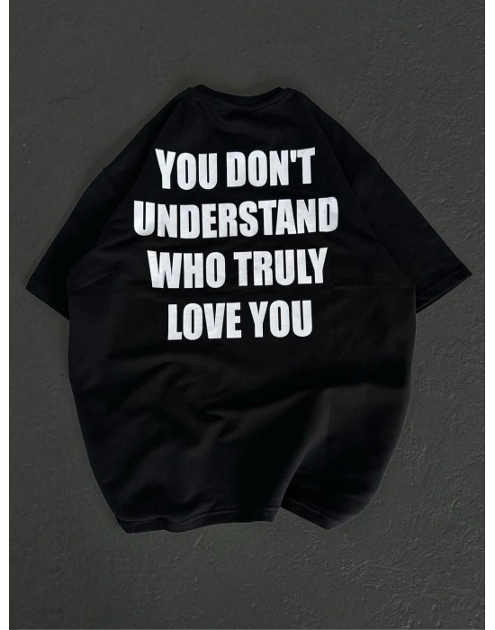 Unisex Bisiklet Yaka Baskılı Oversize T-Shirt - Siyah