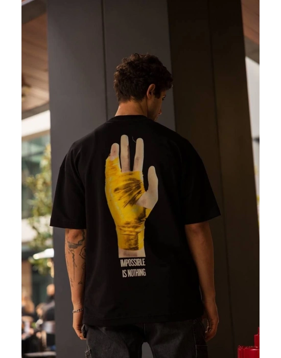 Unisex Bisiklet Yaka Baskılı Oversize T-Shirt - Siyah