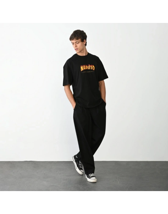 Unisex Bisiklet Yaka Baskılı Oversize T-Shirt - Siyah