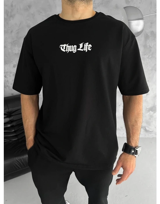 Unisex Bisiklet Yaka Baskılı Oversize T-Shirt - Siyah