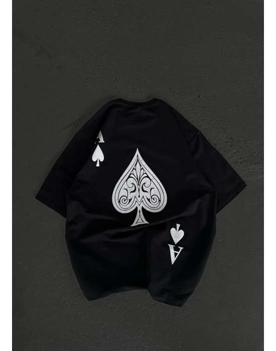 Unisex Bisiklet Yaka Baskılı Oversize T-Shirt - Siyah