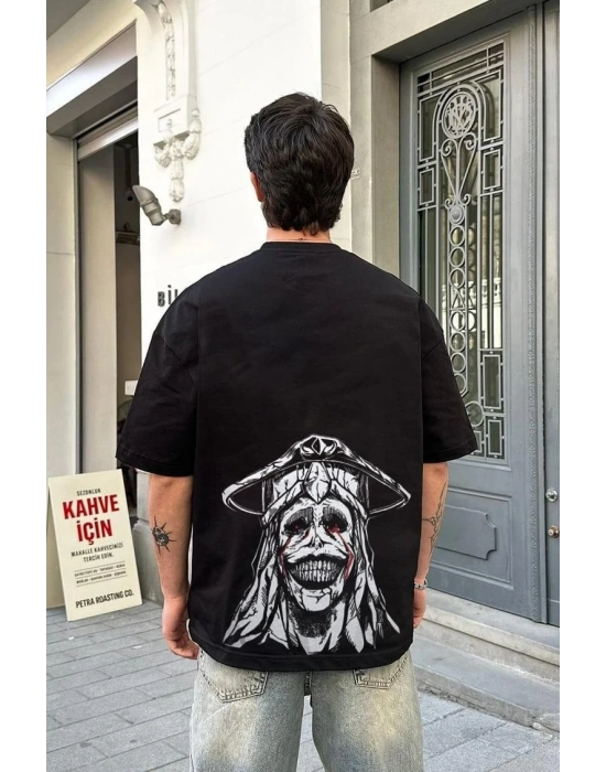 Unisex Bisiklet Yaka Baskılı Oversize T-Shirt - Siyah