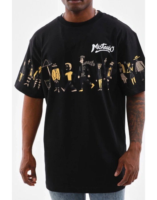 Unisex Bisiklet Yaka Baskılı Oversize T-Shirt - Siyah