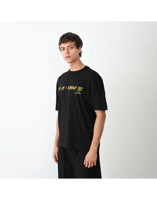 Unisex Bisiklet Yaka Baskılı Oversize T-Shirt - Siyah