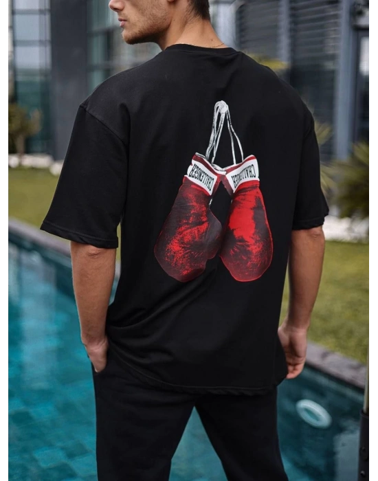 Unisex Bisiklet Yaka Baskılı Oversize T-Shirt - Siyah