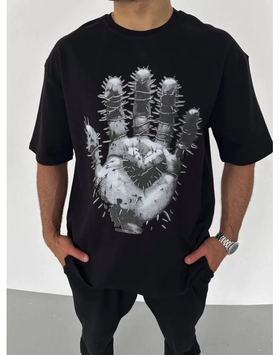 Unisex Bisiklet Yaka Baskılı Oversize T-Shirt - Siyah