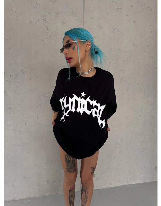 Unisex Bisiklet Yaka Baskılı Oversize T-Shirt - Siyah