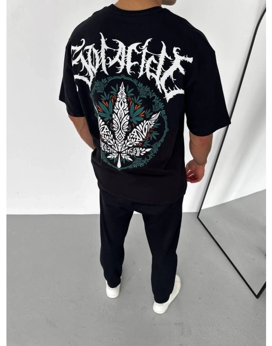 Unisex Bisiklet Yaka Baskılı Oversize T-Shirt - Siyah