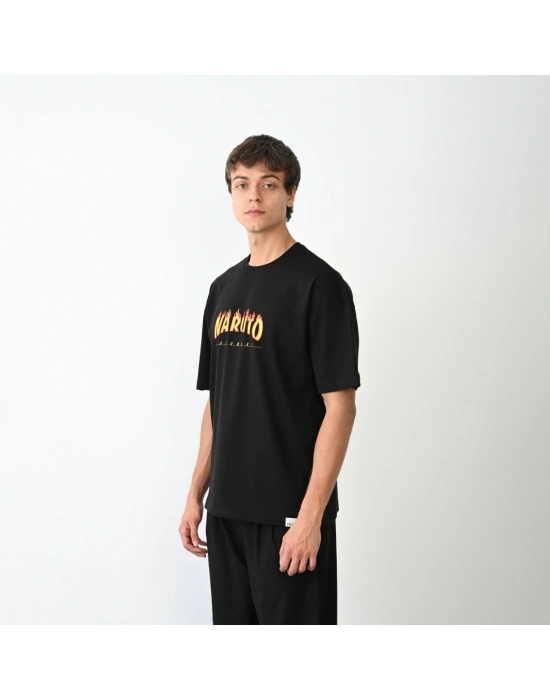 Unisex Bisiklet Yaka Baskılı Oversize T-Shirt - Siyah