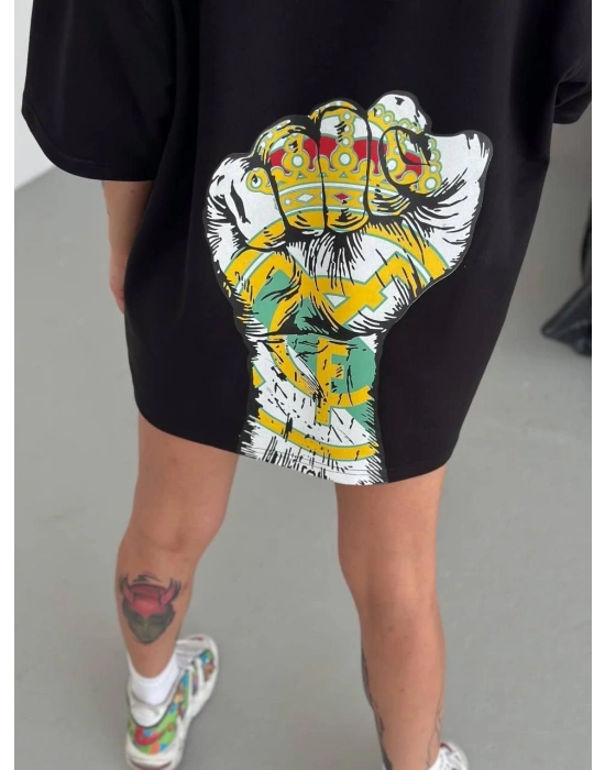 Unisex Bisiklet Yaka Baskılı Oversize T-Shirt - Siyah