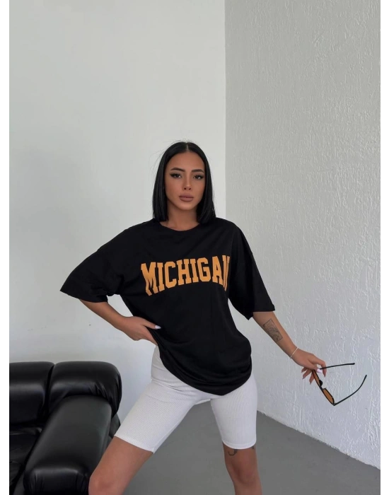 Unisex Bisiklet Yaka Baskılı Oversize T-Shirt - Siyah