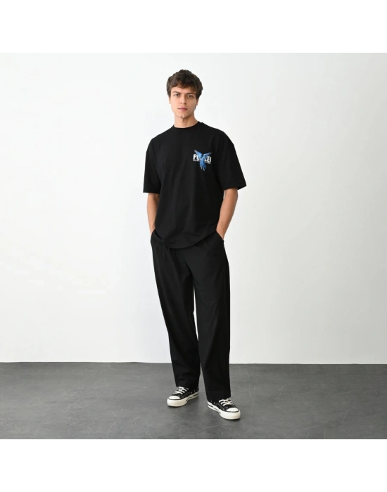 Unisex Bisiklet Yaka Baskılı Oversize T-Shirt - Siyah