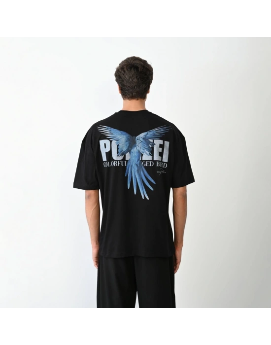 Unisex Bisiklet Yaka Baskılı Oversize T-Shirt - Siyah