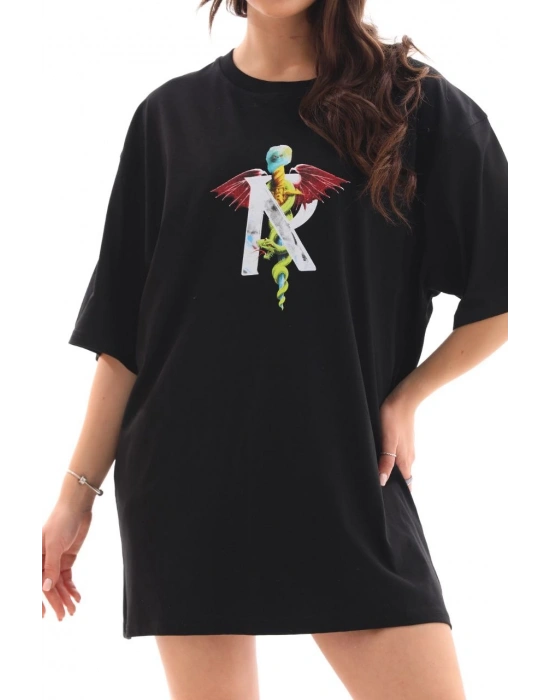 Unisex Bisiklet Yaka Baskılı Oversize T-Shirt - Siyah