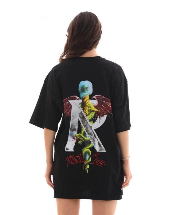 Unisex Bisiklet Yaka Baskılı Oversize T-Shirt - Siyah