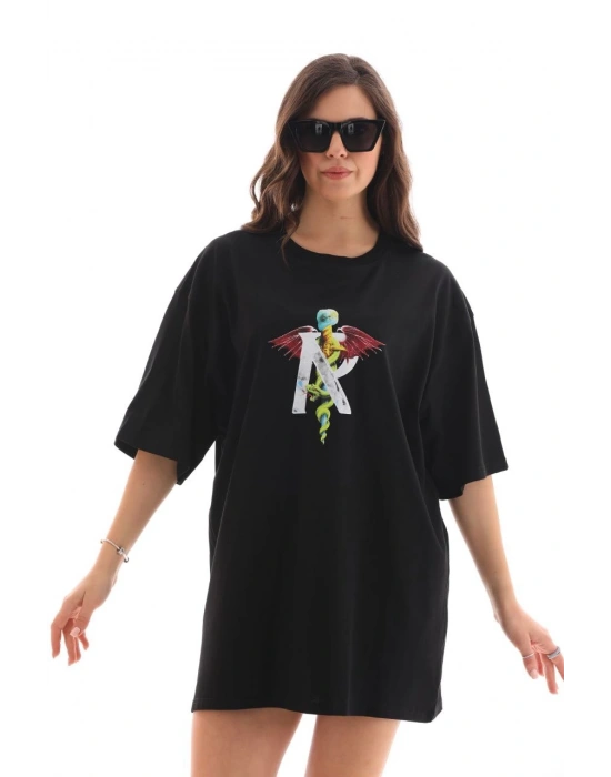 Unisex Bisiklet Yaka Baskılı Oversize T-Shirt - Siyah
