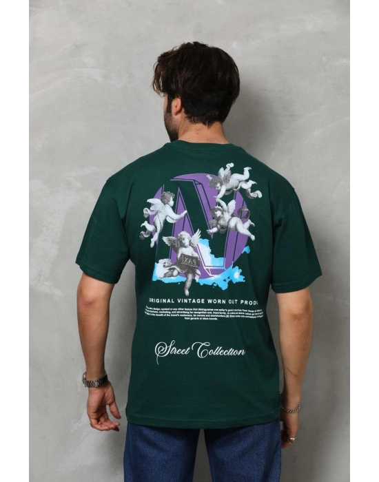 Unisex Bisiklet Yaka Baskılı Oversize T-Shirt - Yeşil