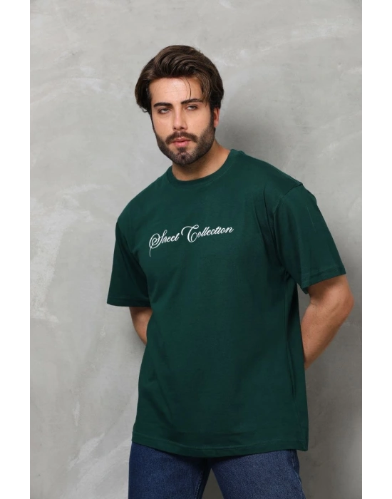 Unisex Bisiklet Yaka Baskılı Oversize T-Shirt - Yeşil