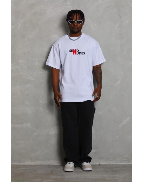 Unisex Bisiklet Yaka Double Oversize Baskılı T-Shirt - Beyaz