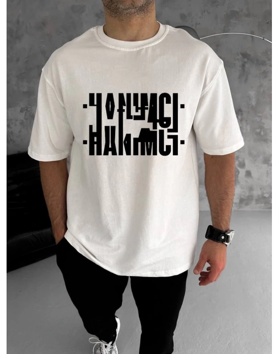 Unisex Bisiklet Yaka Katlanan Baskılı T-Shirt - Beyaz