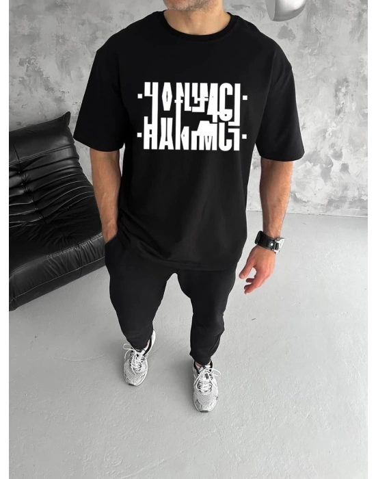 Unisex Bisiklet Yaka Katlanan Baskılı T-Shirt - Siyah