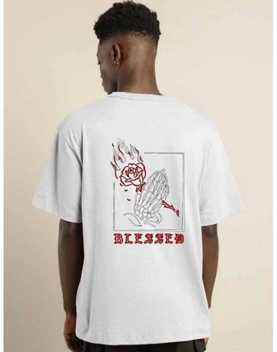 Unisex Bisiklet Yaka Oversize Baskılı T-Shirt - Beyaz