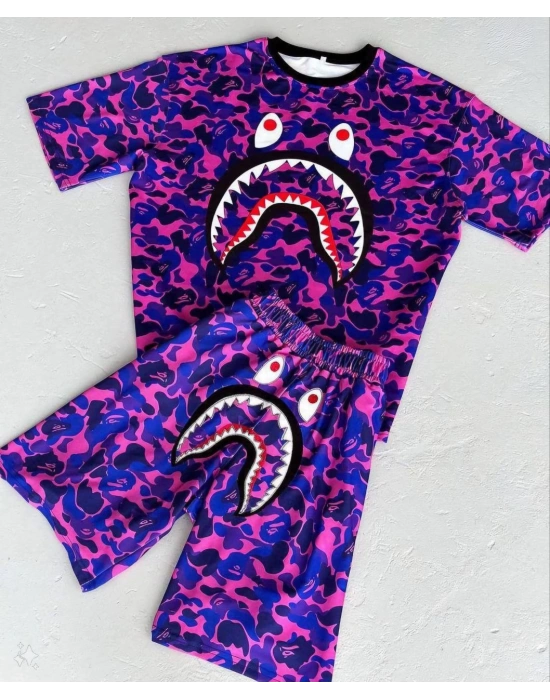 Unisex Çocuk Dijital Baskılı Şortlu Takım - Mor