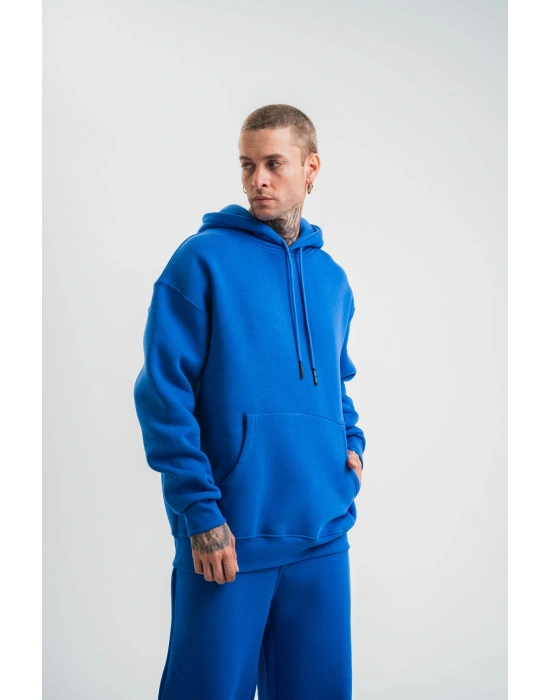 Unisex Double Oversize Kapşonlu Basic SweatShirt - Mavi
