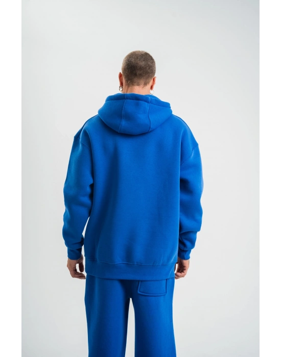 Unisex Double Oversize Kapşonlu Basic SweatShirt - Mavi