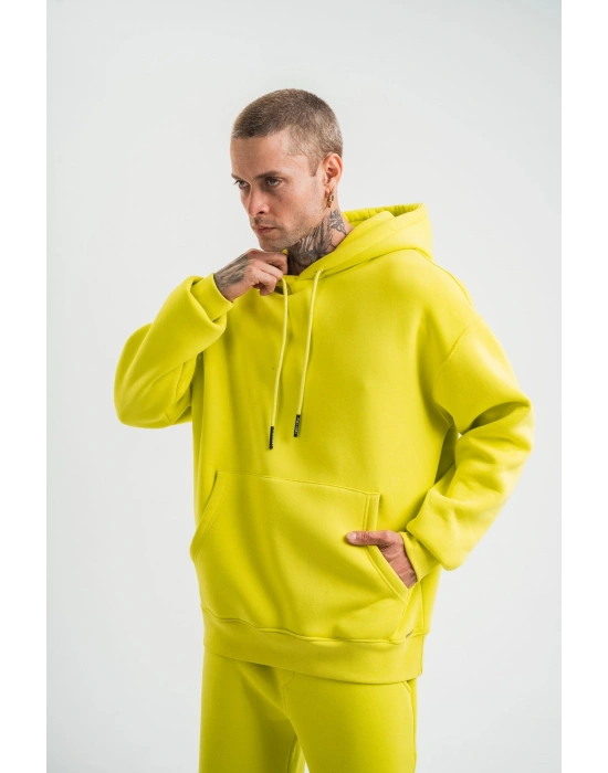 Unisex Double Oversize Kapşonlu Basic SweatShirt - Sarı