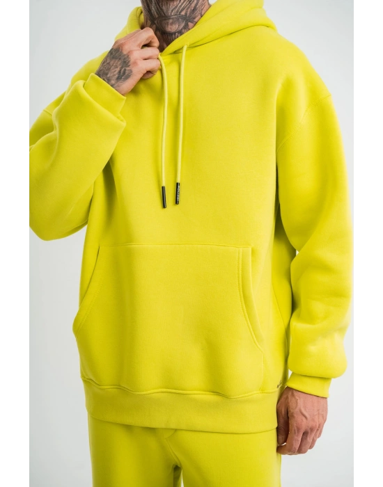 Unisex Double Oversize Kapşonlu Basic SweatShirt - Sarı