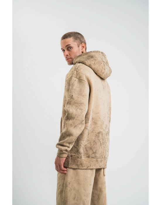 Unisex Double Oversize Kapşonlu Yıkamalı SweatShirt - Bej