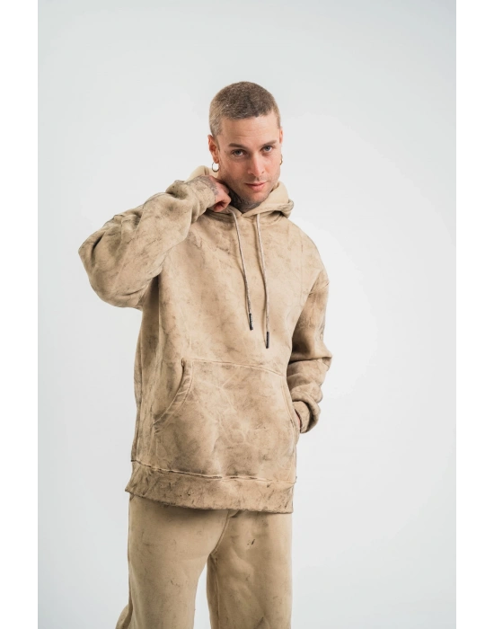 Unisex Double Oversize Kapşonlu Yıkamalı SweatShirt - Bej