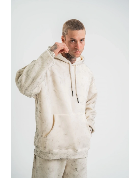 Unisex Double Oversize Kapşonlu Yıkamalı SweatShirt - Krem