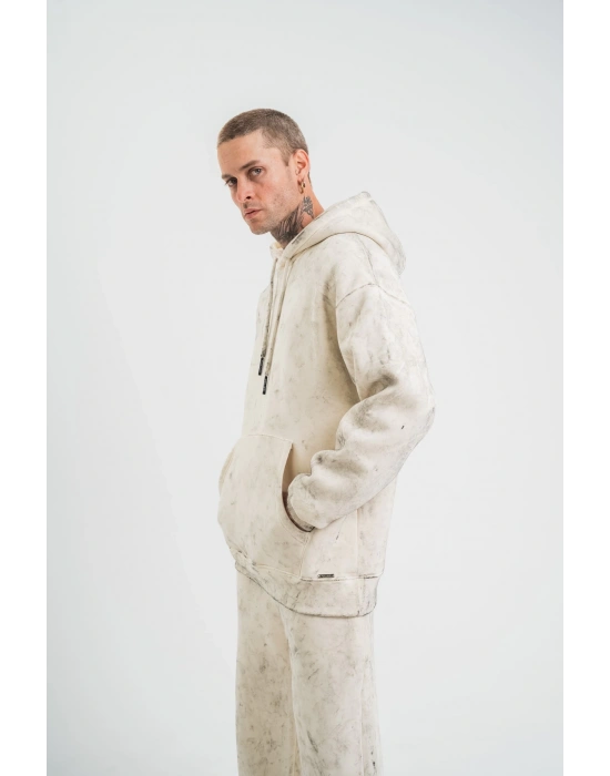 Unisex Double Oversize Kapşonlu Yıkamalı SweatShirt - Krem