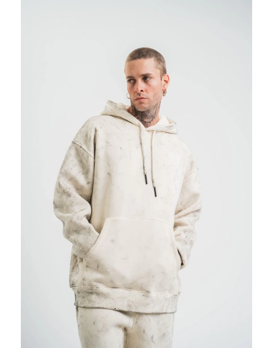 Unisex Double Oversize Kapşonlu Yıkamalı SweatShirt - Krem