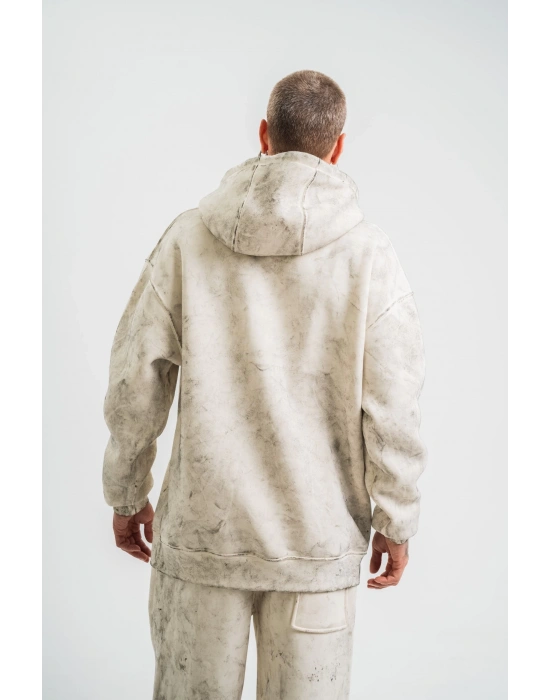 Unisex Double Oversize Kapşonlu Yıkamalı SweatShirt - Krem