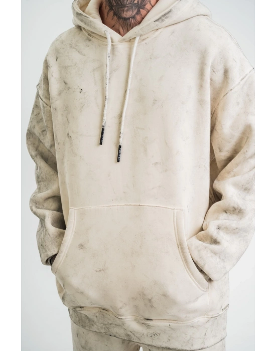 Unisex Double Oversize Kapşonlu Yıkamalı SweatShirt - Krem